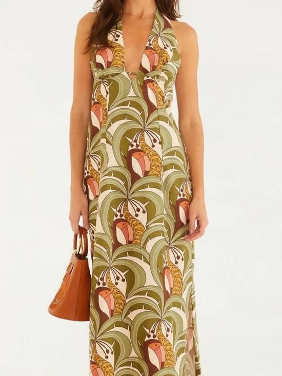 FARM Rio Dresses & Skirts - FARM Rio Olive Multi Retro-Print Halter Maxi Dress